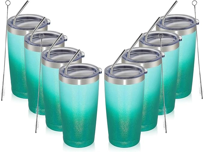 MEWAY 20oz Tumbler 8 Pack Double Wall Vacuum Insulated Travel Glitter Mug Bulk, Stainless Steel Tumblers with Lid and Straw, Powder Coated Coffee Cups for Woman(Gradient Green,Set of 8) - Bloomnest