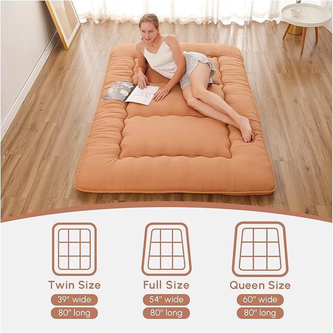 Japanese Floor Mattress, Futon Mattress with Portable Storage Bag and Washable Cover, Roll Up Thick Tatami Mat Suitable for Camping, Guest Room, Light Coffee, Twin - Bloomnest