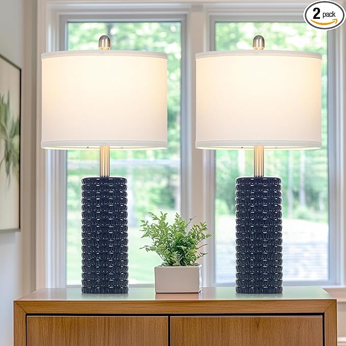 24.5" Modern Ceramic Table Lamp Set of 2 for Living Room Blue Desk Lamps for Bedroom Farmhouse Bedside Nightstand Bedside Lamp End Table Lamps Blue - Bloomnest