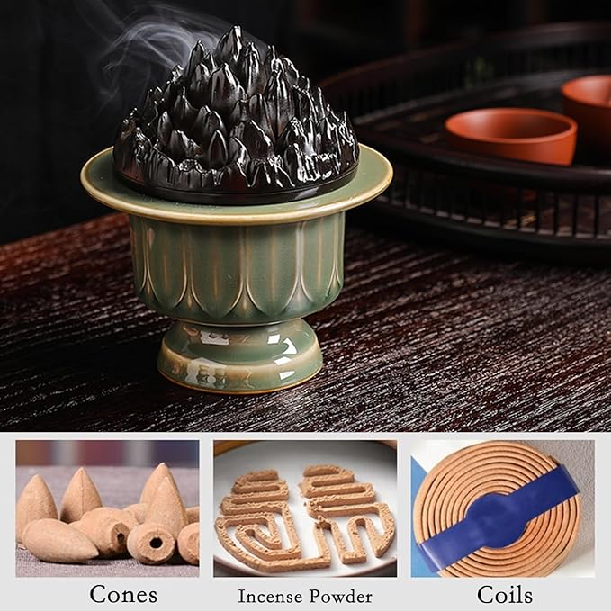Ceramic Incense Burner with Lid of Mountain Shape,Incense Cone Holder for Coil Incense and Powder Incense,Mediation Gift,Room Decor(Celadon) - Bloomnest