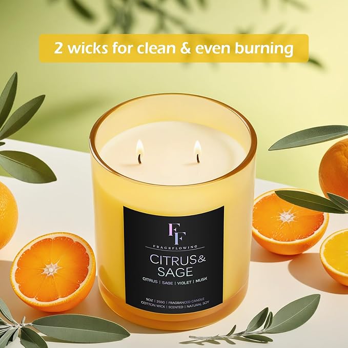 Citrus & Sage Scented Candle, 2-Wick Luxury Soy Wax Candle, 9 oz Aromatherapy Candle Home Fragrance Candles Gift - Bloomnest
