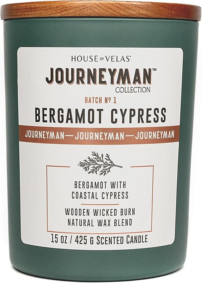 Journeyman Collection Candle, 15oz, Wooden Wick, Bergamot Cypress, Large Painted Jar - Bloomnest