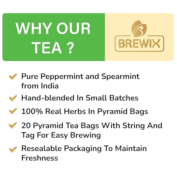 BREWIX, Perfect Mint Tea (20 Pyramid Tea Bags) | Soothing Mint Blend for Digestion Support & Daily Calm | Calming, Fresh and Cool | Caffeine Free Herbal Tea | No Sugar & No Caffeine | Spearmint and Peppermint - Bloomnest