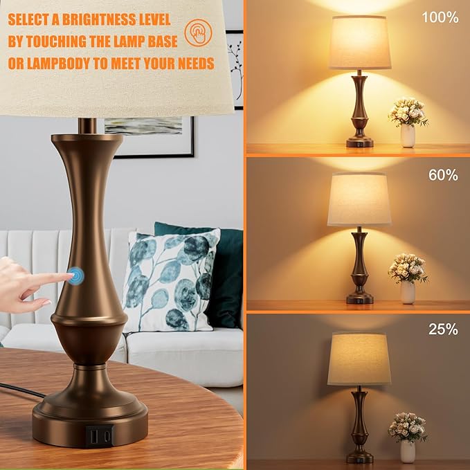 Seealle Upgraded Touch Lamps for Night Stands Set of 2 - Bedside Lamps with USB C+A, 3 Way Dimmable for Bedroom Living Room End Tables Office(Brown) - Bloomnest