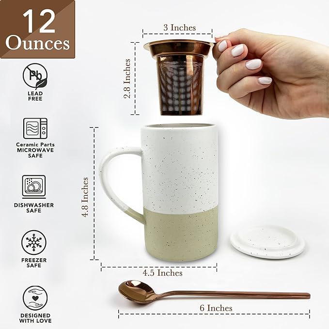 Mora Ceramics Tea Cup with Loose Leaf Infuser, Spoon and Lid, 12 oz, Microwave and Dishwasher Safe Coffee Mug - Rustic Matte Ceramic Glaze, Modern Herbal Tea Strainer - Great Gift for Women, Limestone - Bloomnest