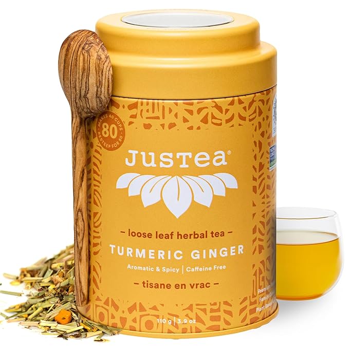 JusTea TURMERIC GINGER | Loose Leaf Herbal Tea | Tin with Hand Carved Tea Spoon | 40+ Cups (3.9oz) | Caffeine Free | Award-Winning | Fair Trade | Non-GMO - Bloomnest