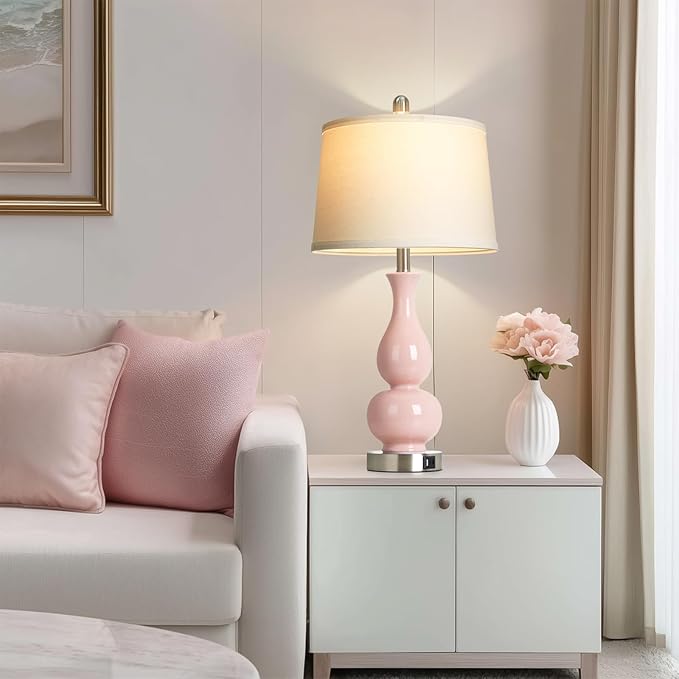 27" Pink Double Gourd Ceramic Lamps for Bedroom, Modern Ceramic Living Room Lamp with USB A+C Ports, Cute Bedside Table Lamps Set of 2, Tall Lamp for Night Stand Side End Table Home Decor - Bloomnest
