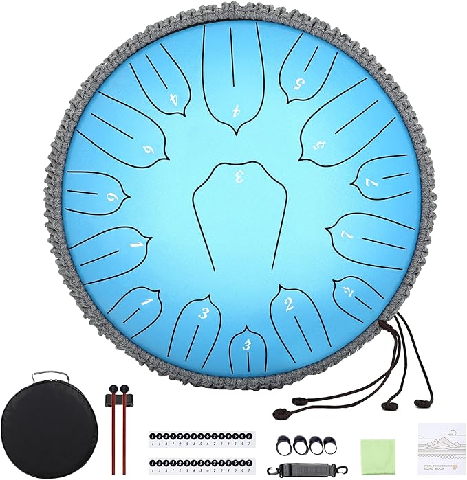 Steel Tongue Drum 12 Inch 15 Notes: Handpan Drums Set with Music Book Mallets Carry Bag - Hand Pan Instrument for Adults Musical Education Meditation Yoga Chakra (Blue)