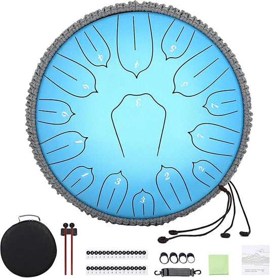 Steel Tongue Drum 12 Inch 15 Notes: Handpan Drums Set with Music Book Mallets Carry Bag - Hand Pan Instrument for Adults Musical Education Meditation Yoga Chakra (Blue)