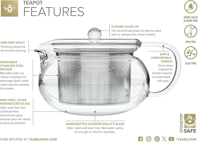Teabloom Kyoto 2-in-1 Tea Kettle and Tea Maker – Glass Teapot with Removable Loose Tea Infuser – Tea Connoisseur's Choice - Bloomnest