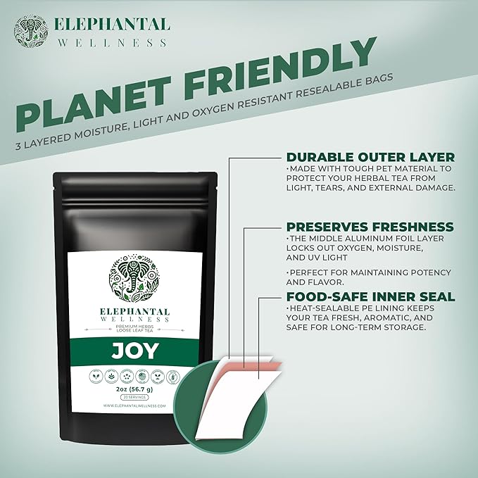 Elephantal Wellness Premium Joy Herbal Tea | Mood & Emotional Balance Support with St. John’s Wort, Kava, Ginkgo & Lavender | Handmade, Non-GMO, Caffeine-Free Loose Leaf Blend, 2oz, 20 Servings - Bloomnest