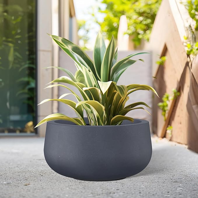 Kante 15.7" Dia Round Concrete Planter, Cement Plant Pots with Drainage Hole and Rubber Plug for Outdoor Indoor Garden Home, Modern Curvaceous Design, Dark Gray - Bloomnest