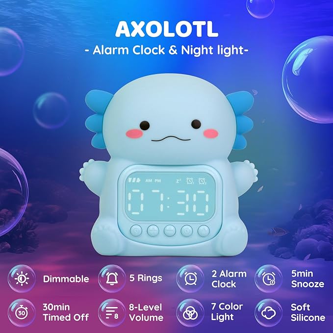 Axolotl Alarm Clock with Night Light for Kids, Rechargeable Silicone Lamp Time to Wake Clock Cute Animal Tabletop Lamp, Perfect Sleep Companion for Boys Girls, Blue - Bloomnest