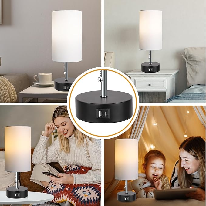 ROTTOGOON 3-Color Temperature Bedside Lamp Nightstand Lamp with USB A Port and C Port, Table Lamp for Bedroom with LED Bulb Small Lamps for Living Room (White) - Bloomnest