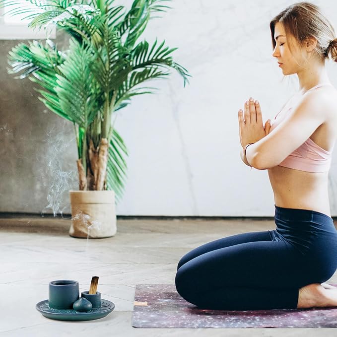 4 in 1 Ceramic Incense Holder, Palo Santo Stick Holder, Sage Holder for Burning, 5.2" Ash Catcher Tray for Meditation, Yoga & Home Decor (Blue)