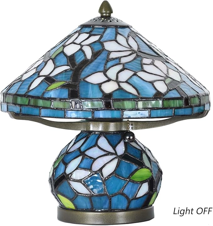 Bieye L10905 Tiffany Style Stained Glass Mushroom-Shaped Double Lit Table Lamp for Home Decor (10-inch, White Magnolia)