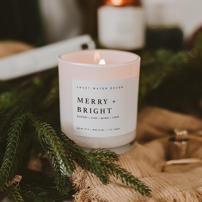 Sweet Water Decor Merry and Bright Soy Christmas Candle - Bayberry, Clove, Nutmeg, and Cedar Scented Holiday Candles for Home - 11oz White Jar + Wood Lid, 50+ Hour Burn Time, Made in The USA - Bloomnest