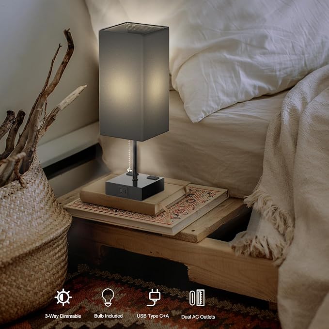 Table Lamp for Bedroom with USB,Bedside Lamp with USB C+A Charging Ports,Adjustable 3color LED Light for Home Decor/Nightstand/Office,Included Bulb and Fabric Lamp Shade (Linen Black, 1PCS) - Bloomnest