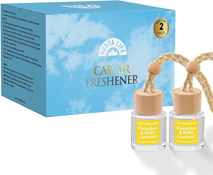 HoogaLife Car Air Freshener Diffuser 2 Pack Hanging Pistachio Salty Caramel Car Air Freshener for Women 45+ days Long Lasting Fragrance Made in USA (P62) - Bloomnest