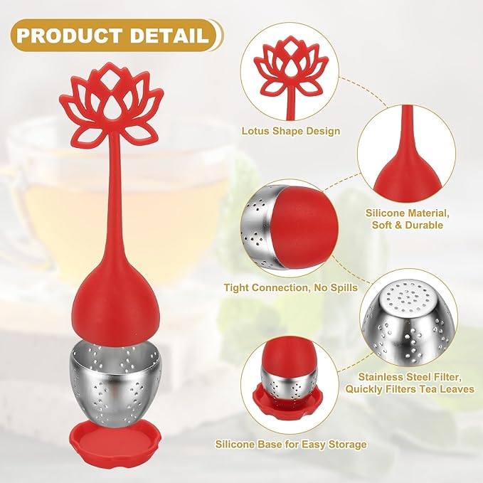 uxcell 2 Pcs Lotus Tea Infuser, Stainless Steel Loose Leaf Tea Steeper Filter with Silicone Handle Reusable Coarse Pores Mesh Strainer Diffuser for Teacups Teapots Mugs, Red - Bloomnest