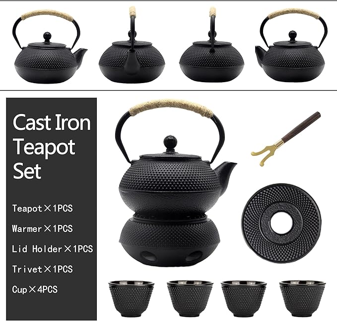 Japanese Tetsubin Tea Kettle Set with Cups, Cast Iron Teapot with Stainless Steel Infuser and Enameled Interior (900ml) - Bloomnest