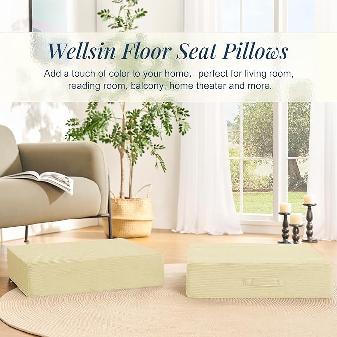 Wellsin Solid Square Floor Pillows for Adults Kids - Large Meditation Floor Pillow Seating Cushion with Thick Foam & Washable Velvet Cover, 2 Pack, 22x22x5 Inch, Beige