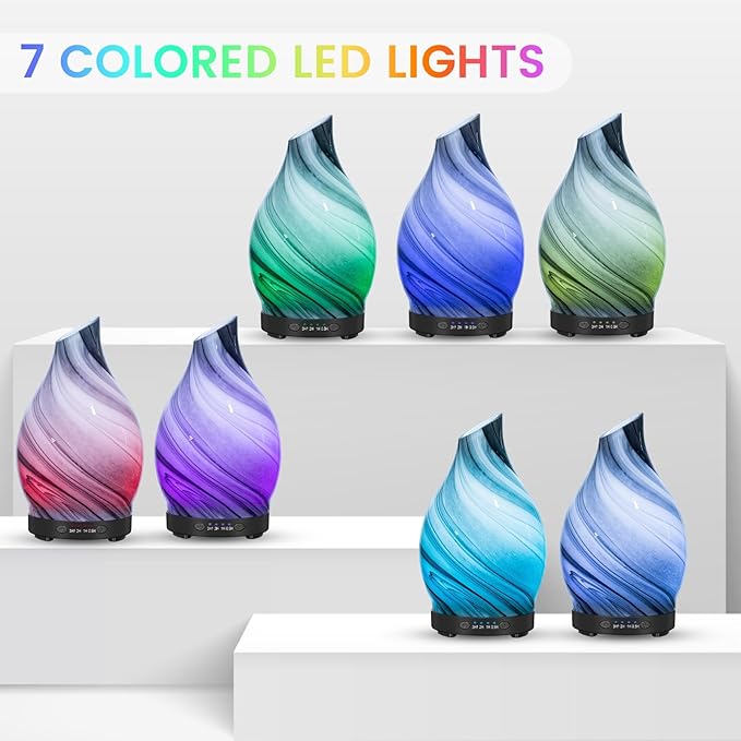 Essential Oil Diffuser, 120ML Glass Aromatherapy Diffuser with Auto Shut-Off and 7 Color LED Lights, Ultrasonic Mist Humidifier with 4 Timer for Home Office Bedroom (Gray Wave) - Bloomnest