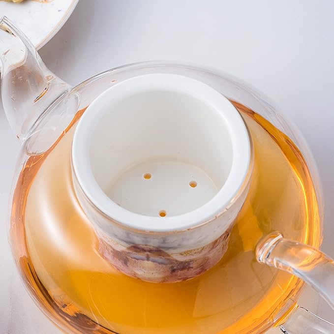 Jusalpha Fine China Rainbow Galaxy Series Glass Tea Pot with Infuser-Teapot Warmer Teacup and Saucer Set with Spoon in Gift Box- 16 pcs in 1 set, (FD Glass pot set 08) - Bloomnest