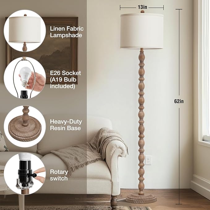 Luvkczc 62" Farmhouse Floor Lamp for Living Room & Bedroom - 3-Color Temperature Standing Lamp, Vintage Rustic Tall Floor Lamps with Rotary Switch, Resin Corner Lamps for Office (Dark Brown) - Bloomnest