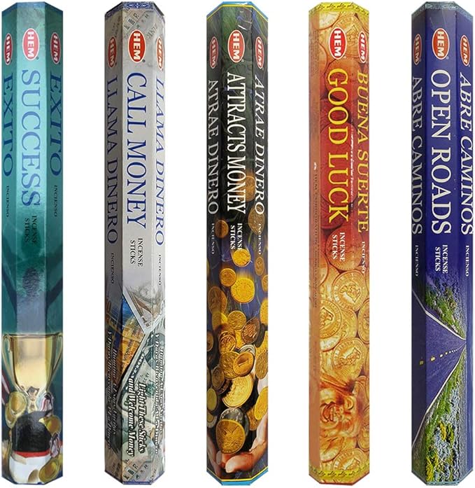 Hem Incense Sticks Variety Pack #5 and Incense Stick Holder Bundle with 5 Money and Success Themed Fragrances - Bloomnest