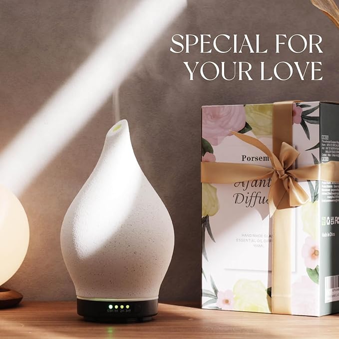 Porseme 150ml Essential Oil Diffuser Ceramic Color Changing Aroma Air Diffusers Aromatherapy Ultrasonic Cool Mist Humidifier 6 Running Hours for Sleeping Yoga Office Spa(White Ceramic, Black Base) Porseme