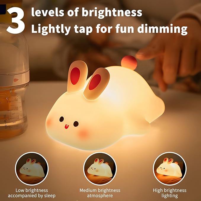 Cute Rabbit Night Light,Squishy Animal Nightlamp,Rechargerable Dimmable Nursery Bunny Lamp Soft Silicone Table Bedroom Lamp Portable Adjustable Lighting Bedroom Bedside Gift - Bloomnest
