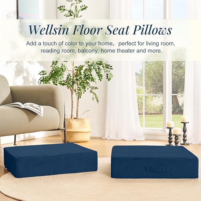 Wellsin Solid Square Floor Pillows for Adults Kids - Large Meditation Floor Pillow Seating Cushion with Thick Foam & Washable Velvet Cover, 2 Pack, 22x22x5 Inch, Dark Blue - Bloomnest