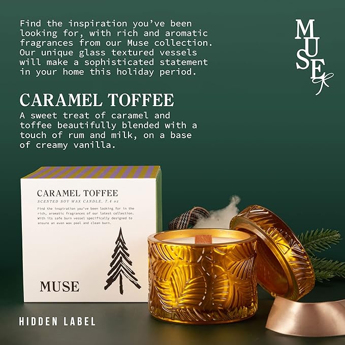 Hidden Label Christmas Candle - Caramel Toffee Scented, Crackling Wood Wick Soy Candles in 7.4oz Glass Jar - Perfect Gifts for Women - Bloomnest