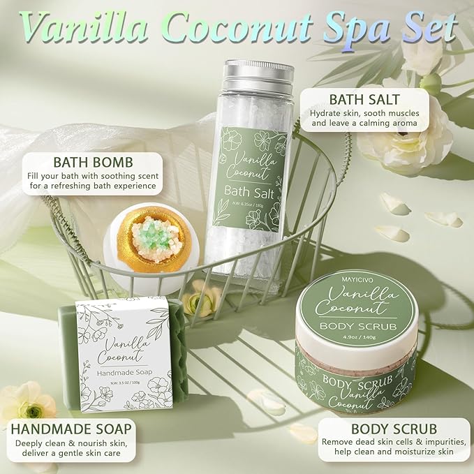 Spa Gifts for Women Bath Gift Set, Vanilla Coconut Relaxing Spa Gift Baskets Home Bath Set Self Care Kit Care Package Thank You Birthday Valentines Day Gifts for Her Women Mom Friend Sister Teen Girl