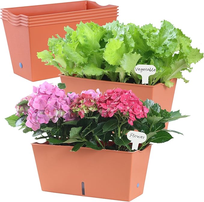 Window Box Planter 6 Pcs, 12.6 Inches Self Watering Rectangle Flower Plant Pots with Drainage Holes & Breathable Trays, Vegetable Planters for Windowsill Patio Garden Balcony Porch Yard (Orange) - Bloomnest