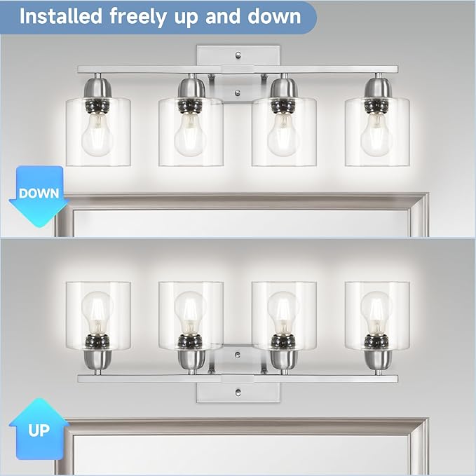 Modern Brushed Nickel 4 Light Bathroom Light Fixtures, 24 inch Vanity Lights for Bathroom with Clear Glass for Mirror Kitchen Living Room Hallway Cabinet Porch - Bloomnest