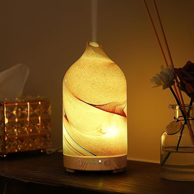 Essential Oil Diffuser Hand Blown Glass Aromatherapy Diffuser - Ultrasonic Cool Mist Scent Aroma Diffuser, Whisper Quiet with Auto Shut-Off, Timer Setting &7 Colors Night Light for Home - Bloomnest
