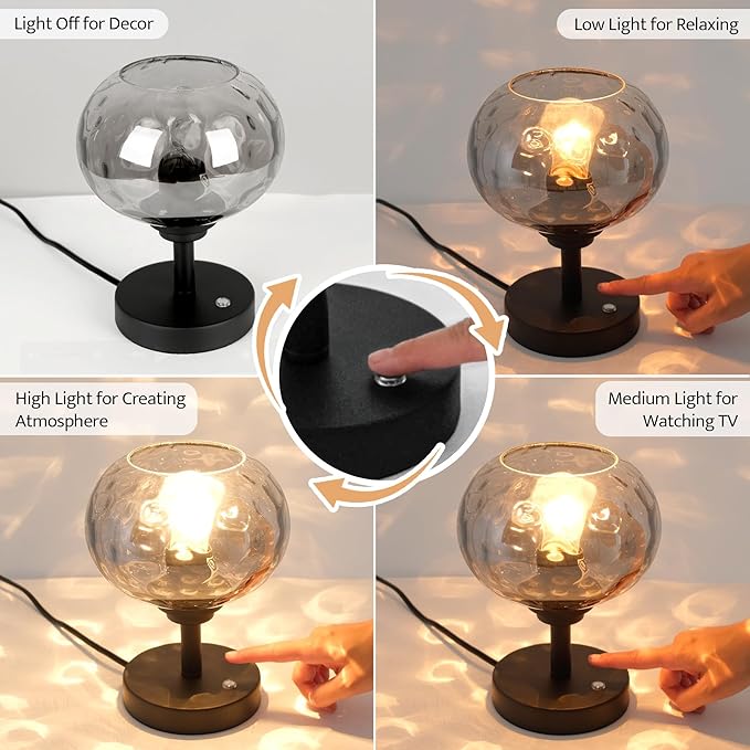 Touch Control Hammered Glass Table Lamp Matte Black Portable Dimmable Brightness Small Nightstand Light 3-Way Stepless Dimming Bedside Bedroom Living Room - Bloomnest