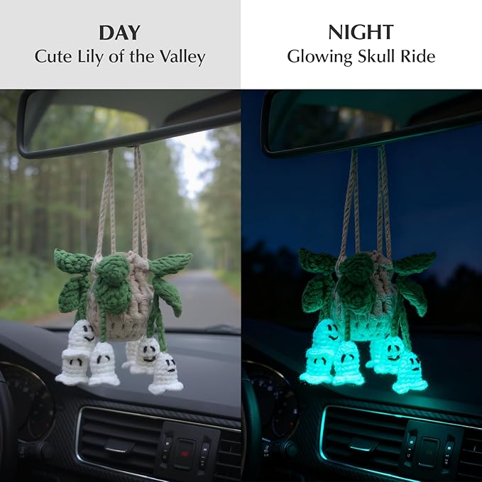 Handmade Crochet Hanging Car Air Freshener - Glow-in-the-Dark Lily of the Valley Plant with 12ml Refillable Essential Oil Diffuser Bottle, Halloween Car Accessories & Bedroom Nightlight Decor - Bloomnest