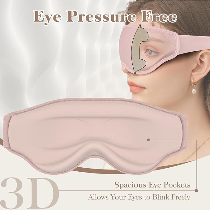 3D Cooling Eye Mask Sleep Mask for Men & Women, 100% Pressure-Free & Light Block-Out Eye Mask for Sleep with Easy Adjustable Strap, Night Eye Cover for Travel, Pink - Bloomnest