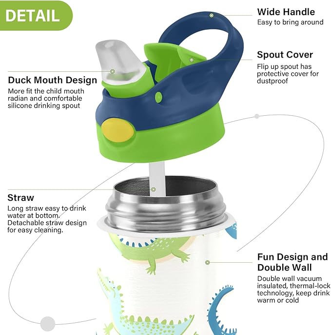 Alligator White Pattern Kids Water Bottle with Straw Lid Insulated Tumbler with Handle Stainless Steel Reusable Toddlers Cup for Kids Boys 12 oz - Bloomnest