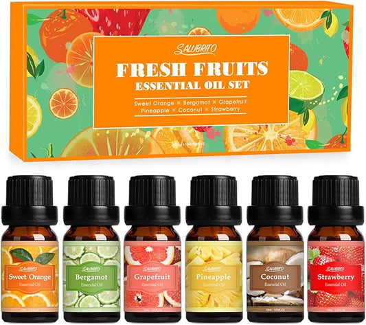 SALUBRITO Fresh Fruit Fragrance Oils Set, Essential Oils for Diffuser, Candle, Soap Making - Strawberry, Sweet Orange, Pineapple, Coconut, Bergamot, Grapefruit, 6X10ml - Bloomnest