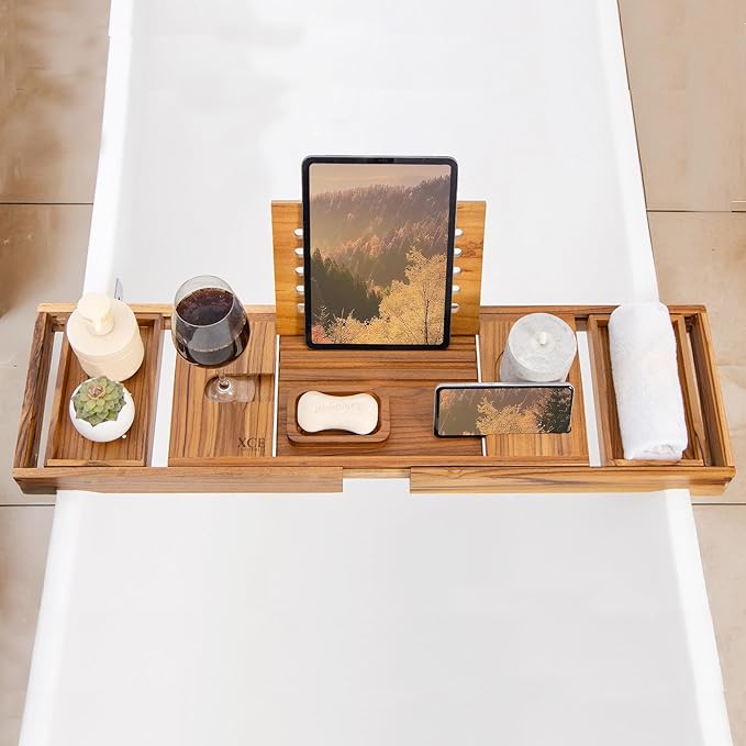 XcE Teak Bathtub Caddy Tray - Expandable to 41 Inches with Book Stand, Soap Holder & Anti-Slip Pads for Luxury Bath Spa, Teak - Bloomnest