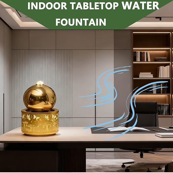 Indoor Water Fountain with Led Light - Tabletop Fountain with Real Stones - Compact Water Feature for Home, Office, Desk, Bedroom Decor Yellow - Bloomnest