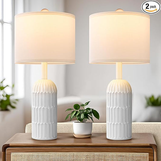 22.5" White Modern Table Lamps Set of 2 for Living Room Bedroom, Farmhouse Vintage Bedside Table Lamps with White Linen Shade, Rustic Bedroom Table Lamp for Nightstand Home Office End Table Dorm - Bloomnest