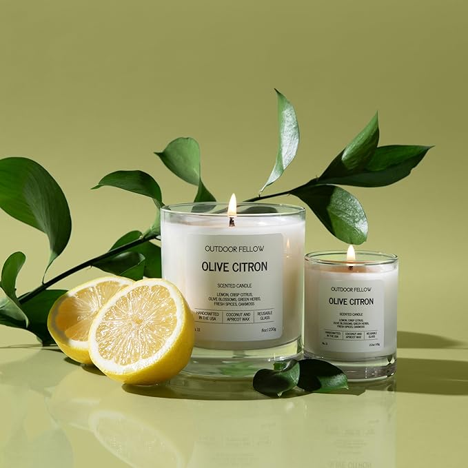 Outdoor Fellow Olive Citron Scented Candle – Highly Scented 8oz Jar Candle with Lemon, Citrus & Herbs – Non Toxic, Long Lasting Fragrance for Lemon Decor Accent in Home or Kitchen - Bloomnest