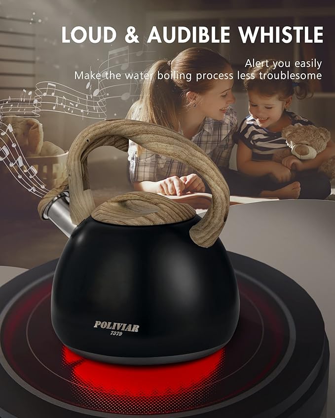 POLIVIAR Tea Kettle, Black Ti Stovetop Tea Kettle 2.7 Quart , Audible Whistling Teapot, Food Grade Stainless Steel for Anti-Rust and Anti Hot Handle, Suitable for All Heat Sources (JX2018-WB20) - Bloomnest