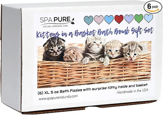 Spa Pure Kittens in Basket: 6 Adorable Kittens Hiding Inside Each Colorful Bath Bomb, XL 5 oz Each (6 Count) Pack of 1, Multicolor - Bloomnest