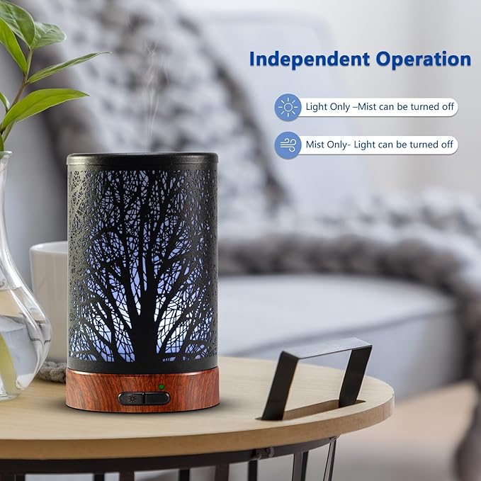 EQUSUPRO Essential Oil Diffuser 150ml Black Metal Aromatherapy Oil Diffuser Ultrasonic Cool Mist Diffuser with Auto Shut-Off Protection,7 Colors Changed LED for Home Office SPA Yoga (A-Tree) - Bloomnest